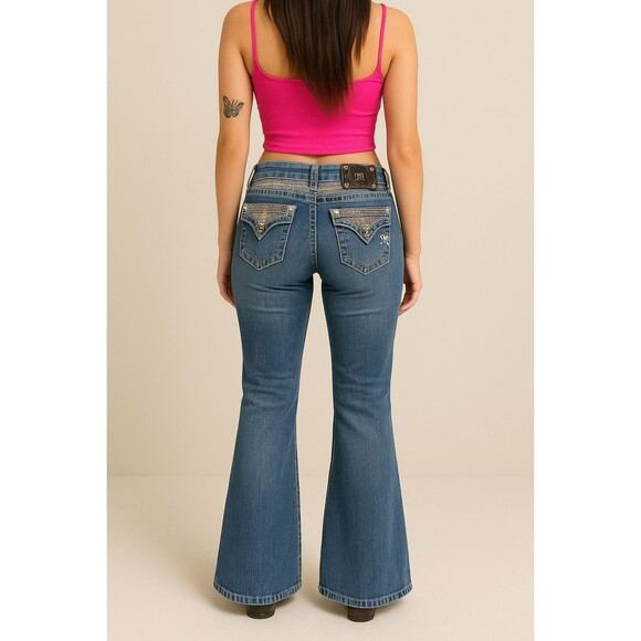 Miss Me Distressed Low Rise Western Bootcut Y2K Size 26 Rhinestone Cowboy - Picture 12 of 13